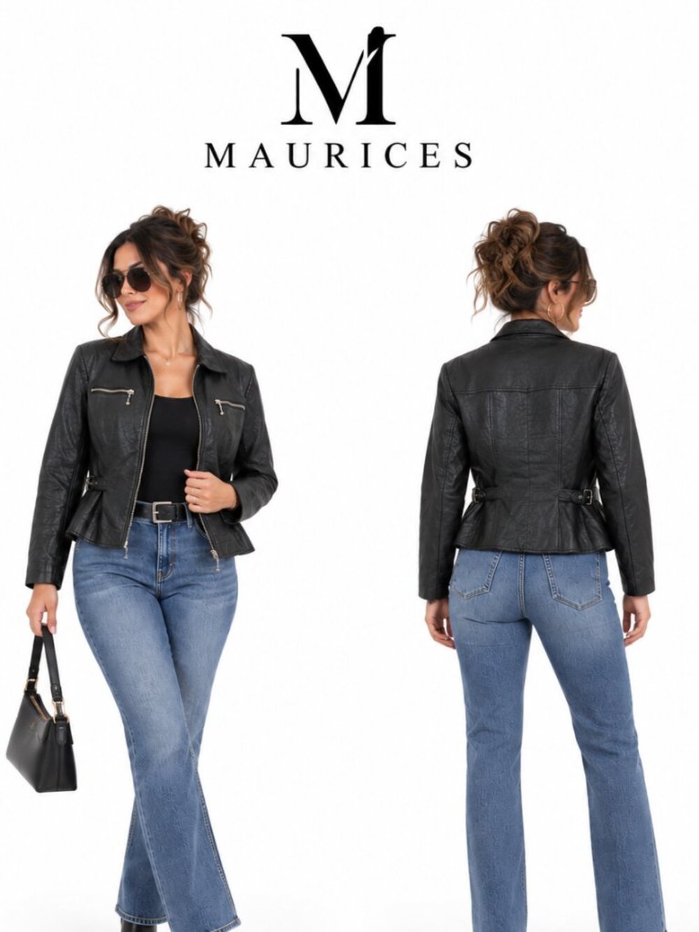 Maurices Black Leather Jacket Womens Large Quilted Lined Zip Up Moto Buckle Coat